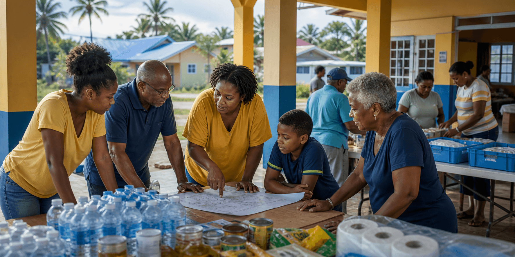 Caribbean community members coordinating disaster recovery supplies and a resilience plan