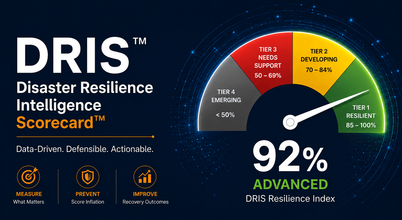 DRIS Resilience Index four-tier scorecard: Emerging, Needs Support, Developing, Resilient